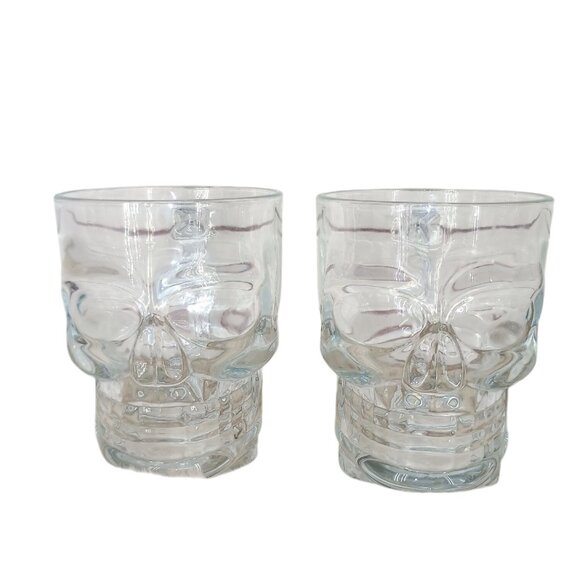 Set Of 2 Skull Glass Mugs‎ Bone Handles Clear 3D Design Gothic 16Oz Drinkware - Picture 1 of 8